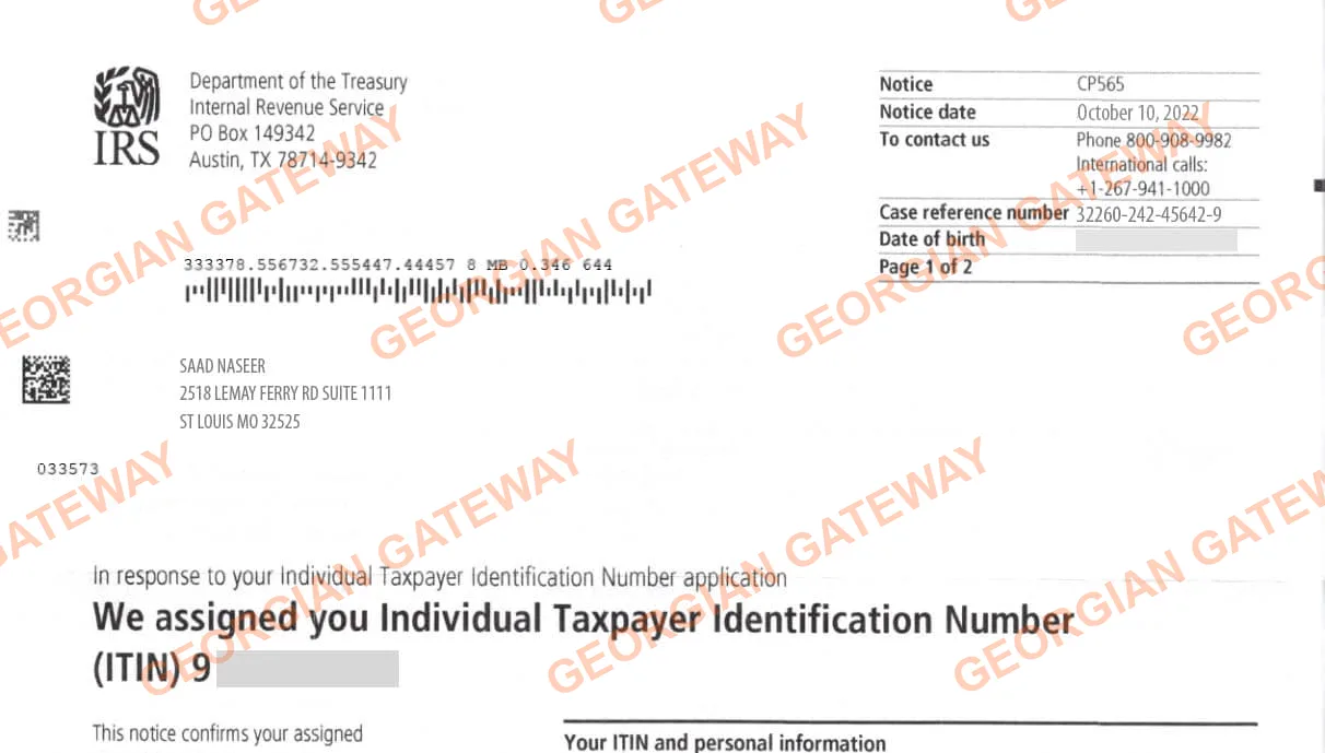 Lettre ITIN CP565 de l'IRS